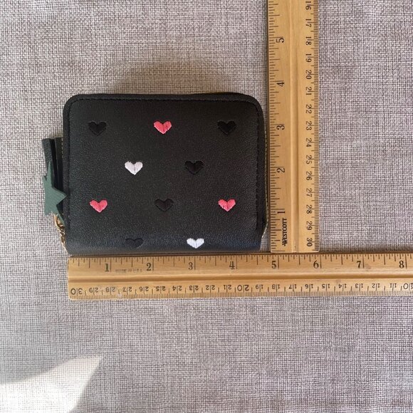 Black Faux Leather Wallet with Embroidered Hearts and Star Tassel Zipper Closure - Picture 4 of 5